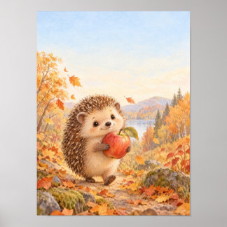 Igel mit rotem Apfel auf dem Waldweg – Poster