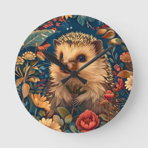 Igel-Muster Vintage-Wald-Blumen-Garten Runde Wanduhr