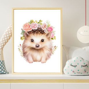 Igel Pink Floral Girl Kinderzimmer Print Poster