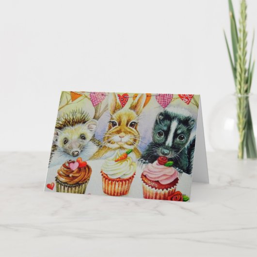 Igel Rabbit Skunk & Cupcakes Karte (Vorderseite)