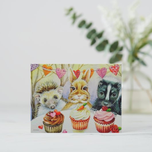 Igel Rabbit Skunk & Cupcakes Postkarte (Stehend Vorderseite)