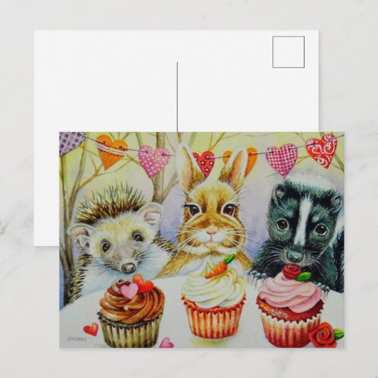 Igel Rabbit Skunk & Cupcakes Postkarte (Vorne/Hinten)