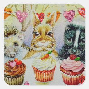 Igel Rabbit Skunk & Cupcakes Quadratischer Aufkleber