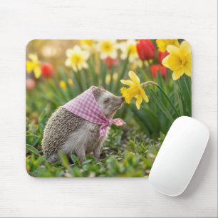 Igel riecht an einer gelben Narzisse Mousepad