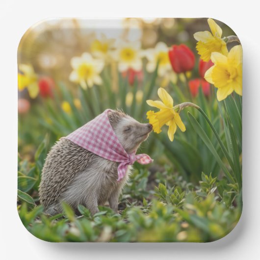 Igel schnuppert an einer gelben Daffodil Pappteller (Vorderseite)