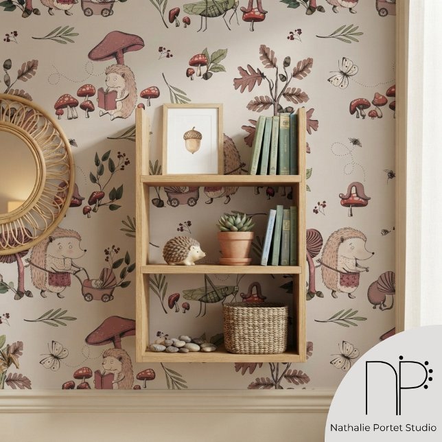 Igel-Toile-Kinder  Tapete (Hand-drawn fine-line Hedgehog Toile Kids Wallpaper features whimsical woodland hedgehogs.)