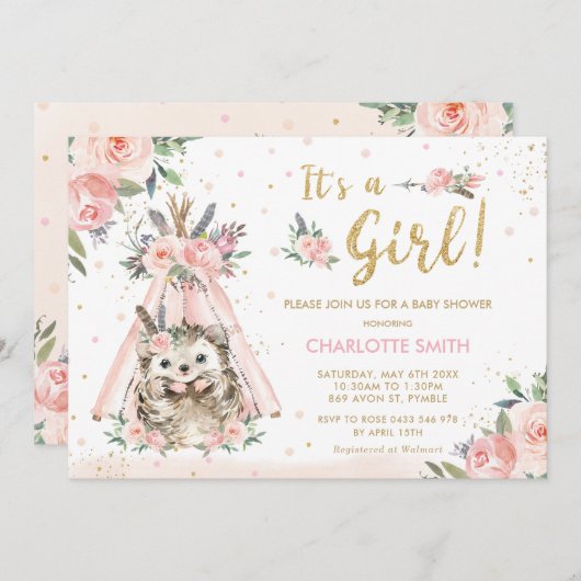 Igel Tribal Blush Bloral Girl Babydusche Einladung (Vorne/Hinten)