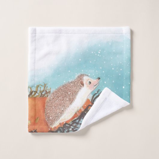 Igel und erste Schneeflocken Badhandtuch Set (Waschlappen)
