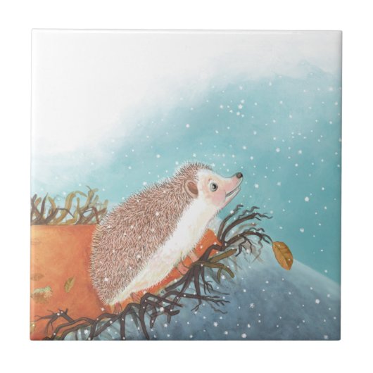 Igel und erste Schneeflocken Fliese (Vorderseite)