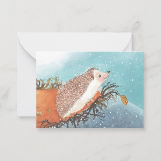 Igel und erste Schneeflocken Mitteilungskarte (Vorderseite)