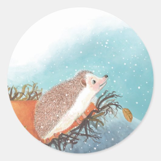 Igel und erste Schneeflocken Runder Aufkleber (Vorderseite)