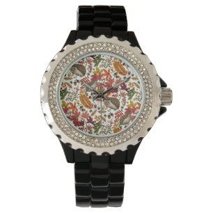 Igel und Herbstwaldflora auf Elfenbein Armbanduhr