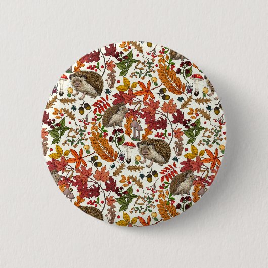 Igel und Herbstwaldflora auf Elfenbein Button (Vorderseite)