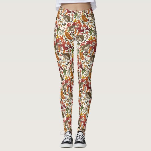 Igel und Herbstwaldflora auf Elfenbein Leggings (Vorderseite)
