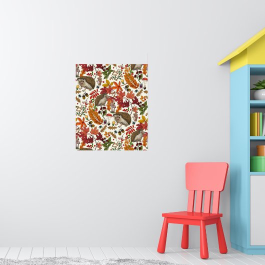 Igel und Herbstwaldflora auf Elfenbein Poster (Kinderzimmer 1)