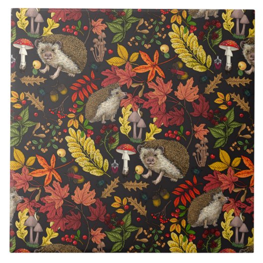 Igel und Herbstwaldflora auf Schwarz Fliese (Vorderseite)
