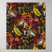 Igel und Herbstwaldflora auf Schwarz Poster (Vorne)