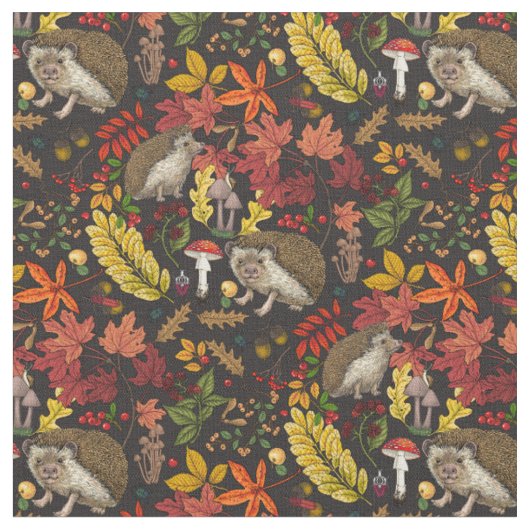 Igel und Herbstwaldflora auf Schwarz Stoff (Nahaufnahme)