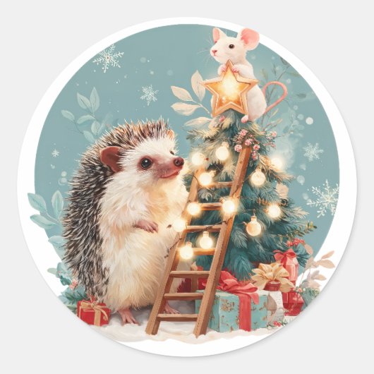Igel und Maus dekorieren Weihnachtsbaum Runder Aufkleber (Vorderseite)