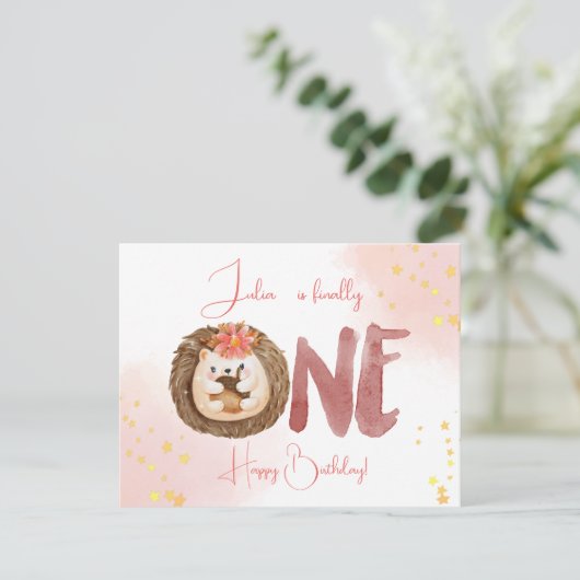 Igel von Aquarellfarben zum ersten Mal zum Geburts Karte (Stehend Vorderseite)