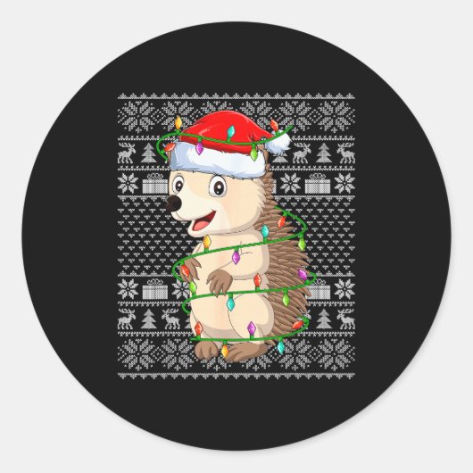 Igel Weihnachtslichter hässlicher Pullover lustige Runder Aufkleber (Vorderseite)