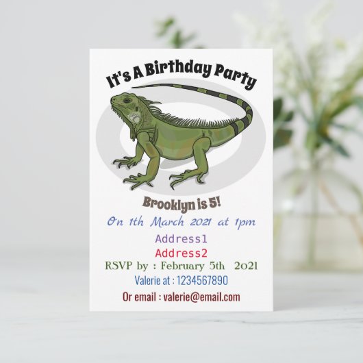 Iguana-Cartoon-Abbildung Einladung (Stehend Vorderseite)