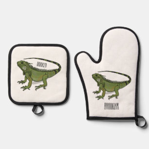 Iguana-Cartoon-Abbildung Ofenhandschuh & Topflappen-Set