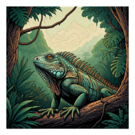 Iguana lizard among a tropical jungle setting poster