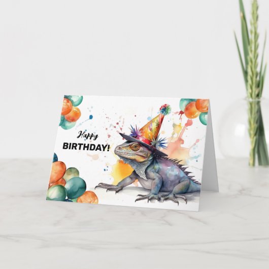 Iguana mit Balloons und Party Happy Birthday Karte (Vorderseite)