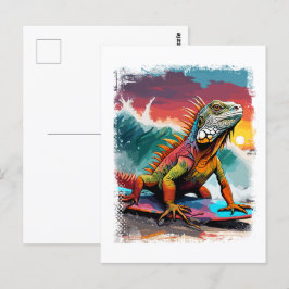 Iguana Surfing Niedliches farbiges Comic Illustrat Postkarte