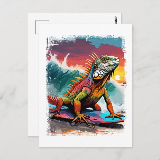 Iguana Surfing Niedliches farbiges Comic Illustrat Postkarte (Vorne/Hinten)