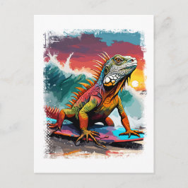 Iguana Surfing Niedliches farbiges Comic Illustrat Postkarte