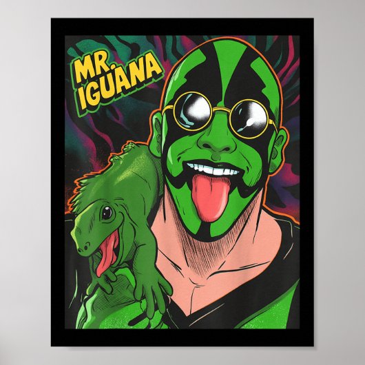 Iguana Tongue Out Funny Lizard Wrestler Cartoon Poster (Vorne)