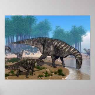 Iguanodon-Dinosaurier-Herde an der Küste Poster