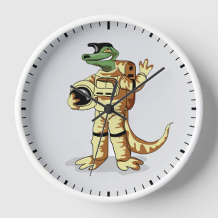 Iguanodon ist in einem Kosmonauten-Raum gekleidet. Uhr