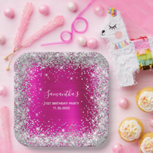 Ihr 21. Geburtstag Hot Pink und Silver Glitzer Pappteller