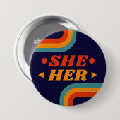 Ihr 70er Blue Orange Retro Lines Pronouns Button (Vorne & Hinten)