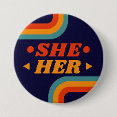 Ihr 70er Blue Orange Retro Lines Pronouns Button (Vorderseite)