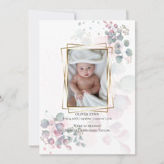 Ihr Baby Foto Moderne Aquarellfarben Eukalyptus Einladung (Vorderseite)