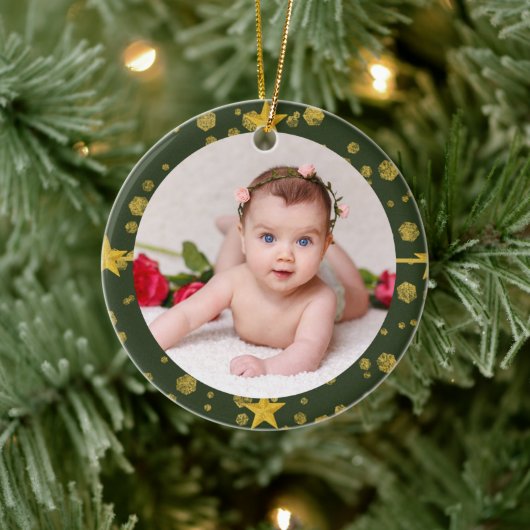 Ihr Baby's Foto CUSTOM Weihnachten Gold Green Luxe Keramik Ornament (Baum)
