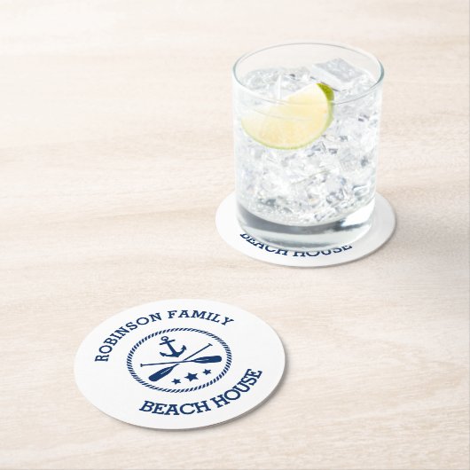 Ihr Beach House Familienname Anchor Oars Stars Runder Pappuntersetzer (Vor Ort)