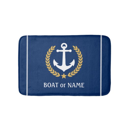 Ihr Boot Name Nautical Anchor Gold Laurel Navy Badematte (Vorderseite)