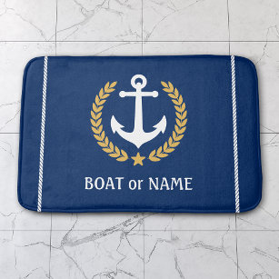 Ihr Boot Name Nautical Anchor Gold Laurel Navy Badematte