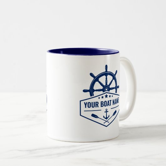 Ihr Boot Name Nautical Anchor Oars Helm Navy Zweifarbige Tasse (VorderseiteRechts)