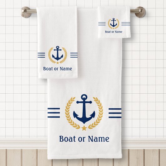 Ihr Boot oder Name Anchor Gold Laurel Streifen wei Badhandtuch Set