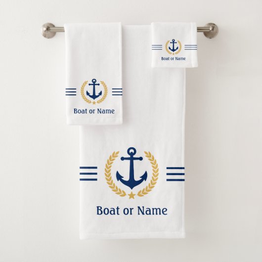 Ihr Boot oder Name Anchor Gold Laurel Streifen wei Badhandtuch Set (Insitu)