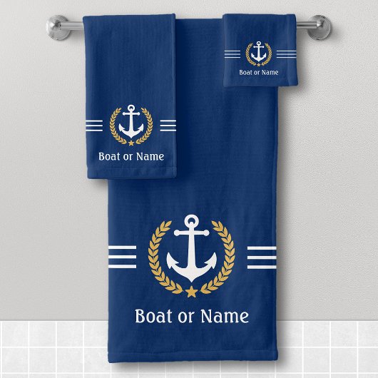 Ihr Boot oder Name Anchor Gold Laurel Stripes Navy Badhandtuch Set