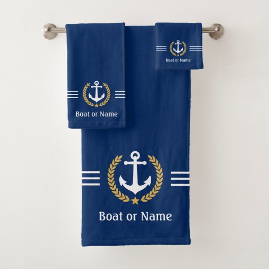 Ihr Boot oder Name Anchor Gold Laurel Stripes Navy Badhandtuch Set (Insitu)