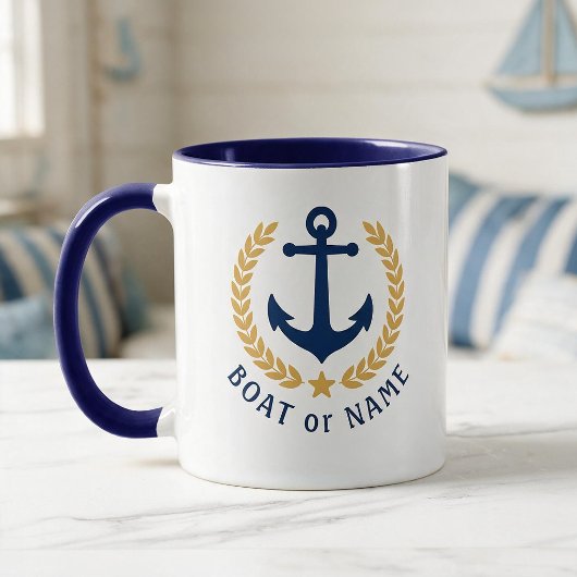 Ihr Boot oder Name Anker Gold Stil Lorbeer Blau Tasse