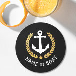 Ihr Bootname Anchor Gold Laurel Star Black Runder Pappuntersetzer<br><div class="desc">Ein nautisches Thema,  personalisiertes Set von runden Untersetzer mit Ihrem Bootsnamen,  Familiennamen oder beliebigem Text. Mit einem Vintagen Bootanker nach Maß,  goldenen Blätter und Sternemblem auf schwarz oder passen die Primärfarbe leicht an Ihr aktuelles Thema an.</div>